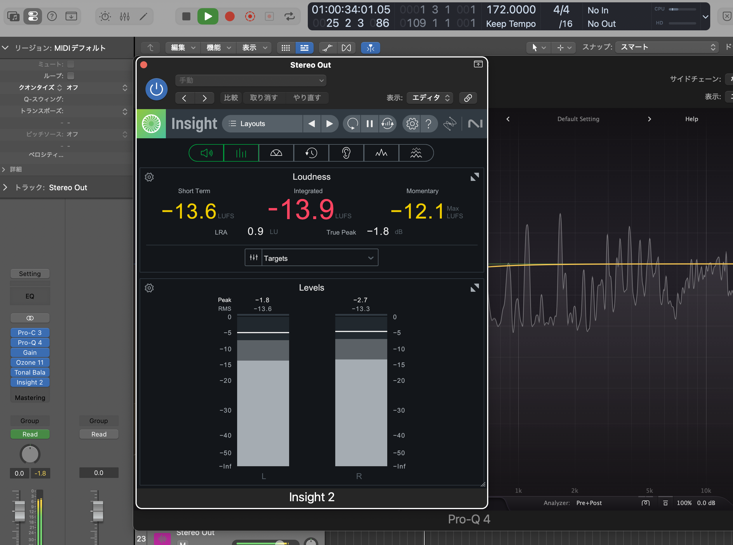 iZotope Insight 2のラウドネスメーター。Integrated -13.9 LUFS、Short Term -13.6 LUFS、True Peak -1.8dB