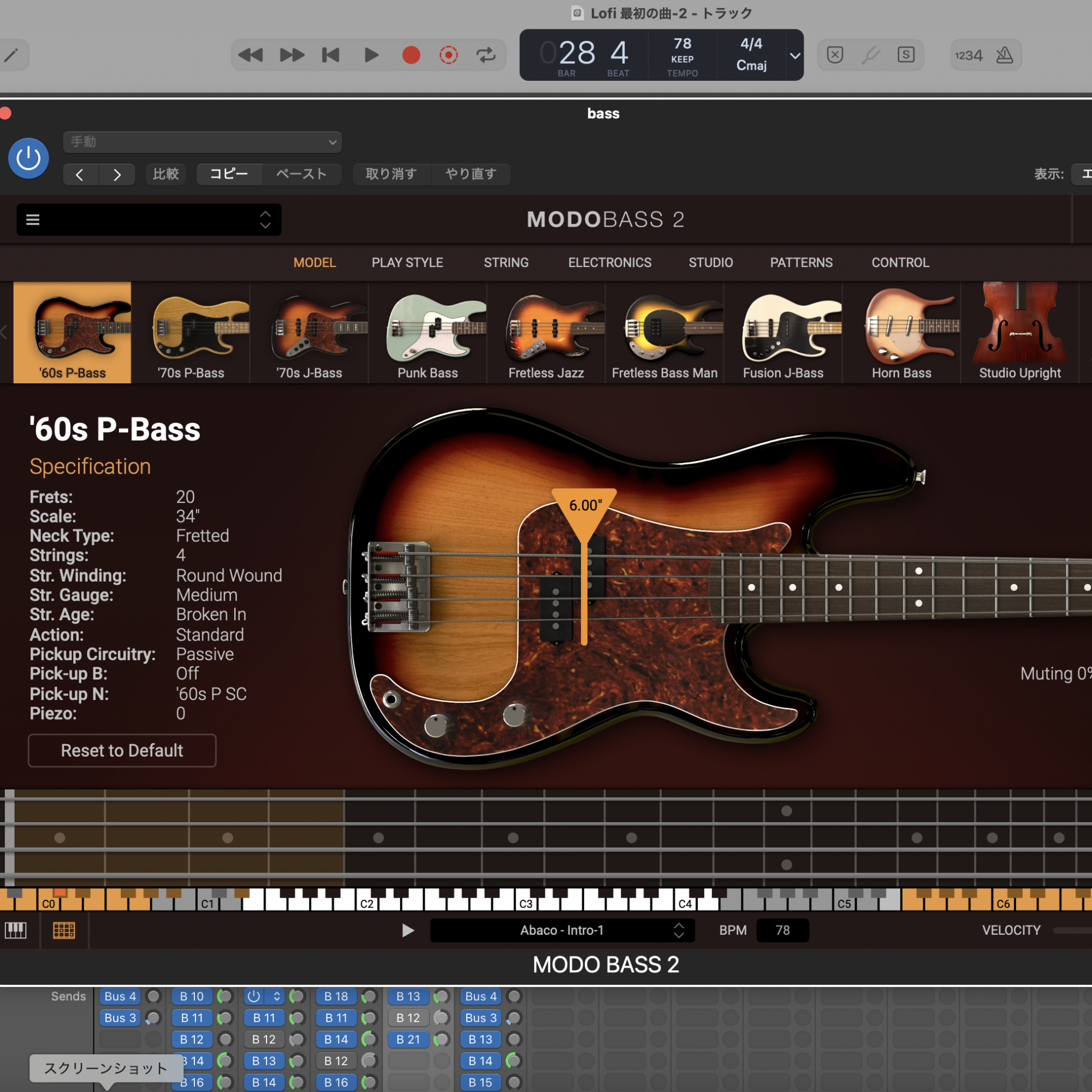 MODO BASS 2 の MODEL タブ。'60s P-Bass のスペック表示