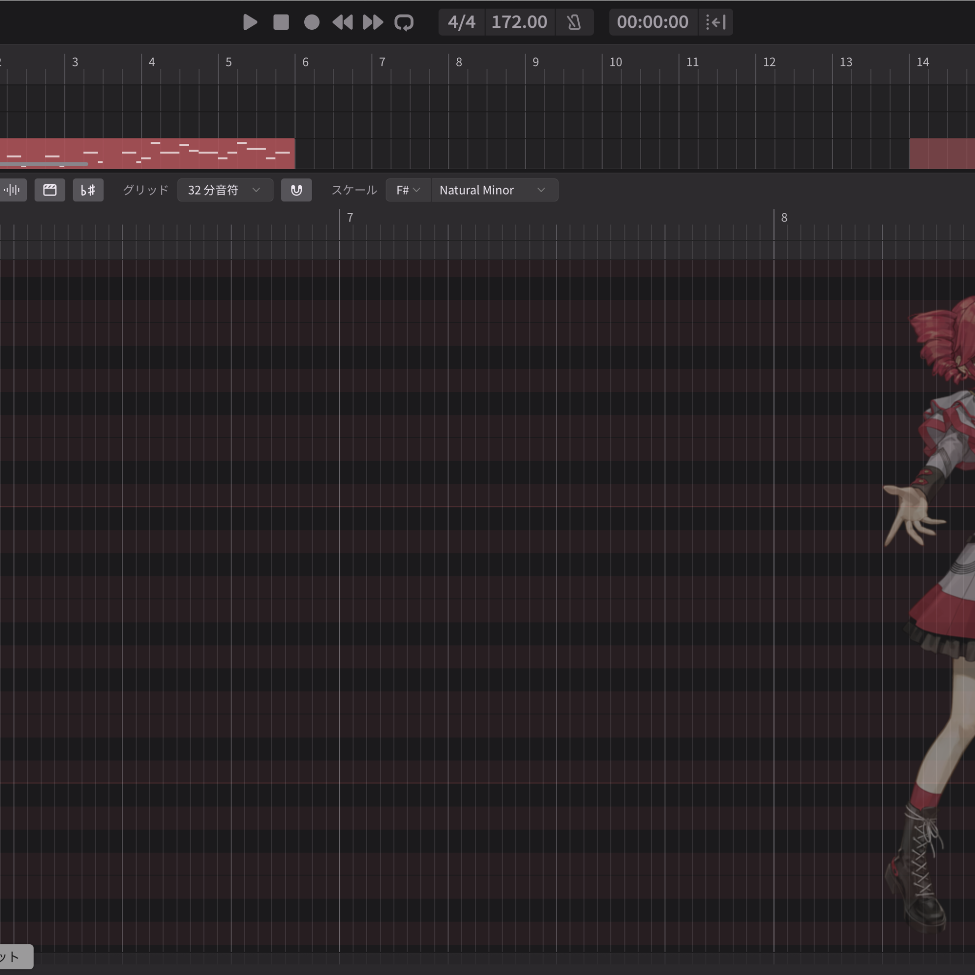 Synthesizer V Studio 2のピアノロール。重音テトのトラックでピッチカーブと音素が見える画面