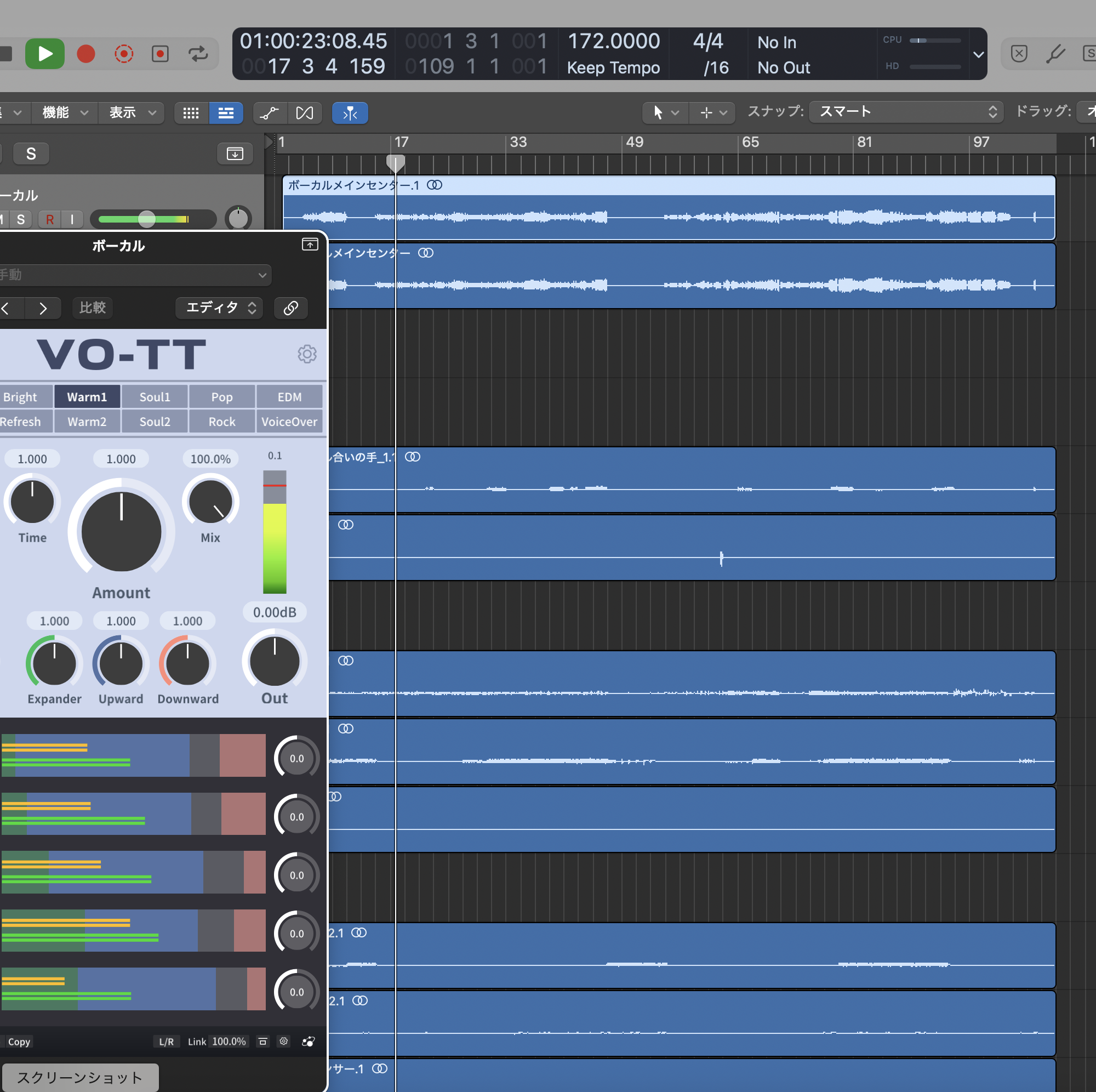 ボカロのボーカルトラックに挿している9個のチェーン。上からVEA / Vocal Rider / Pro-Q 4 / Pro-C 3 / SpecCraft / ChromaGlow / Pro-Q 4 / VO-TT。右にVO-TTの画面
