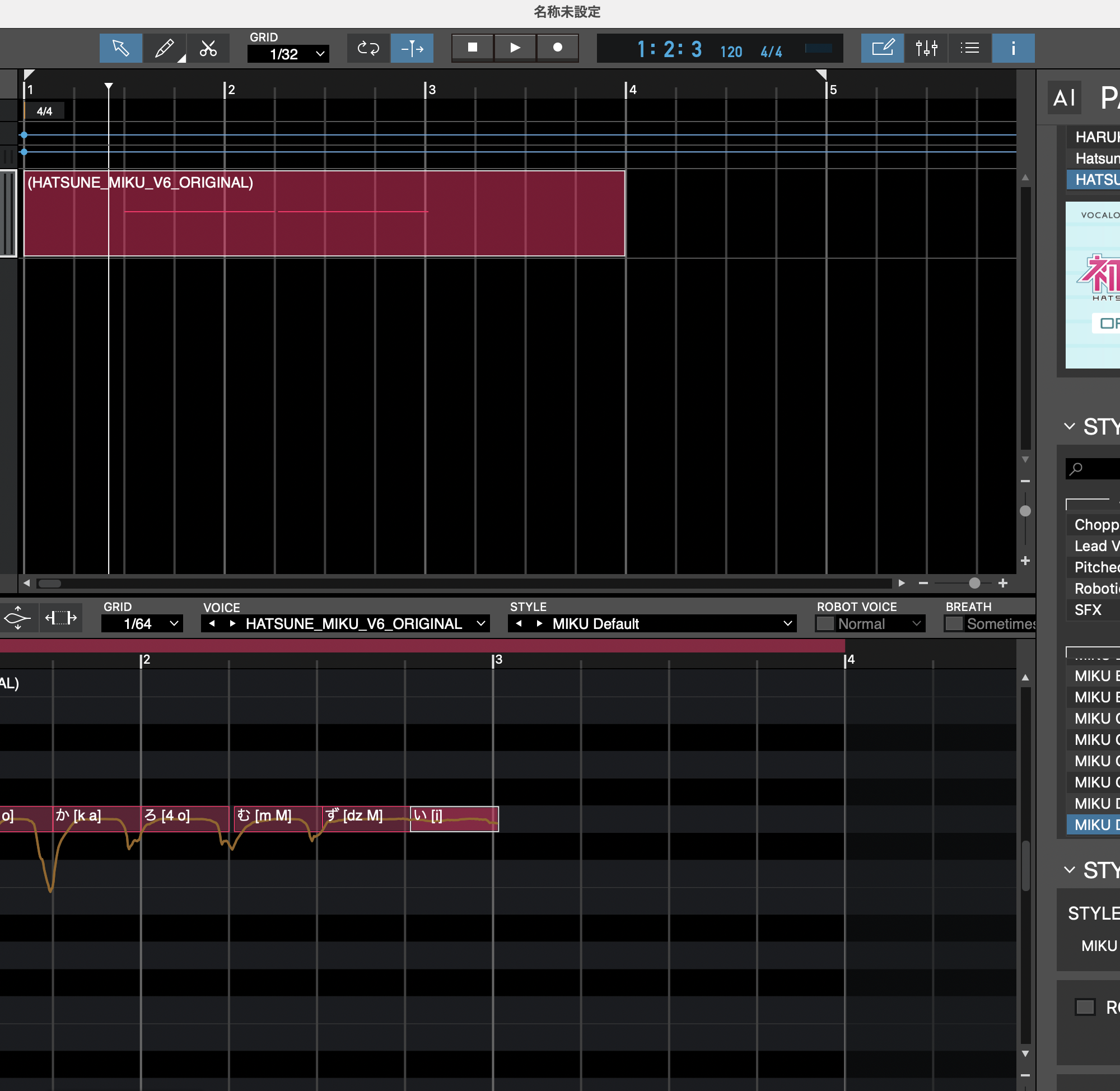 VOCALOID6 EditorでHATSUNE_MIKU_V6_ORIGINALを選択。MIKU DefaultスタイルプリセットとMIKU系プリセット一覧