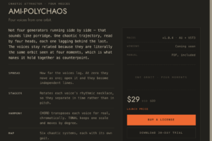AMI-Polychaos の公式購入ページ。1つのカオス軌道を4つのヘッドで読む仕組みと、SPREAD・STAGGER・HARMONY・MAPのパラメーター説明、価格が表示されている