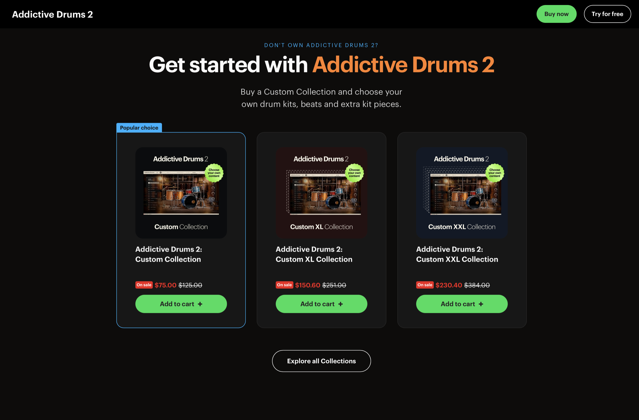 Addictive Drums 2 の購入画面。Custom Collection・Custom XL Collection・Custom XXL Collection の3つのセットから選べる