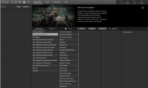 EastWest Ancient KingdomのBROWSE画面。楽器一覧にArmenian Duduk・Bansuri・Birbyne・Fujara・Goathorn・Hulusi・Irish Whistle・Native American Flute・Persian Ney Flute・Shakuhachi・Viking Lurなど多数が並ぶ。左パネルにGypsy・RA・Silkなど姉妹ライブラリも表示