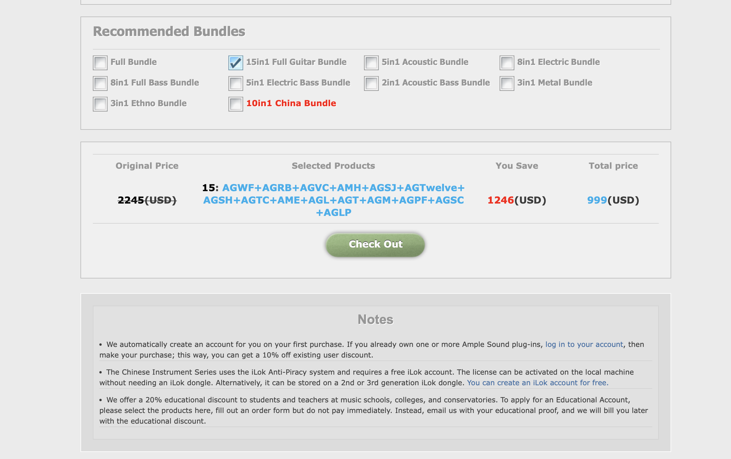 Ample Sound公式サイトの購入ページ。15in1 Full Guitar Bundleが$999（元の合計$2,245）。下の注意書きに、既存ユーザーはログインして買うと10%オフとある