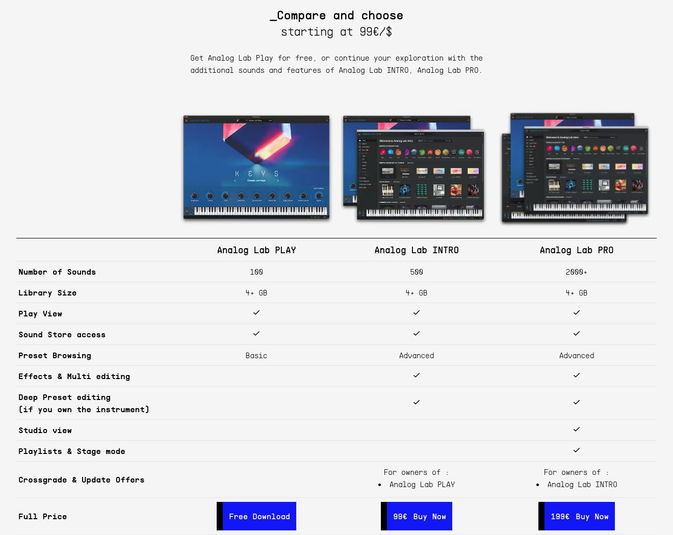 Arturia公式サイトのAnalog Lab版比較表。PLAY(無料・100音色)、INTRO(99ユーロ・500音色)、PRO(199ユーロ・2000以上の音色)の機能を比べている
