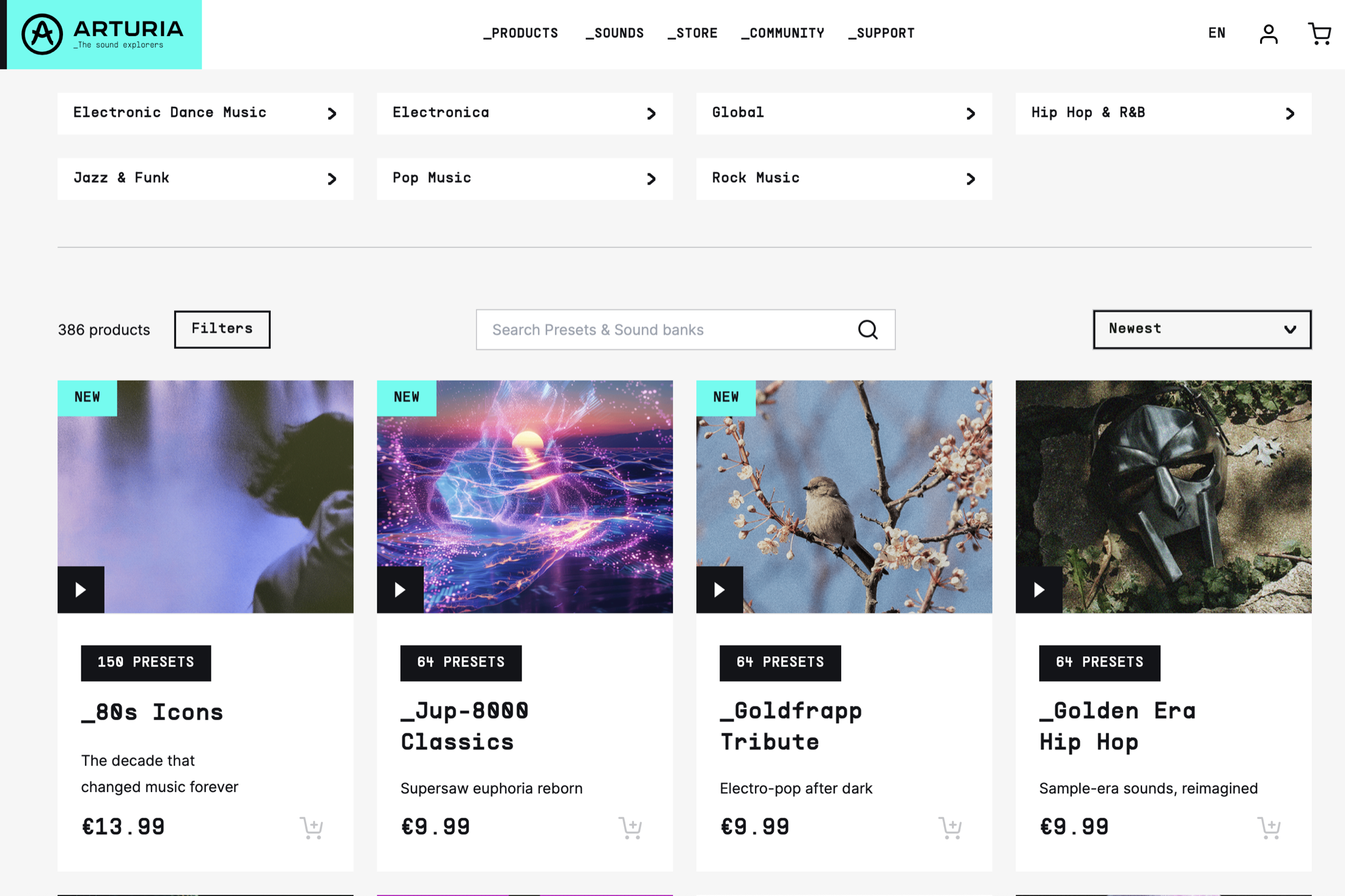 Arturia 公式サイトのサウンドバンクストア画面。ジャンル別のプリセットパックが単体で購入できる