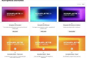 Native Instruments公式サイトのKomplete 26バンドル一覧。Standard・Ultimate・Collector's Editionなどの価格