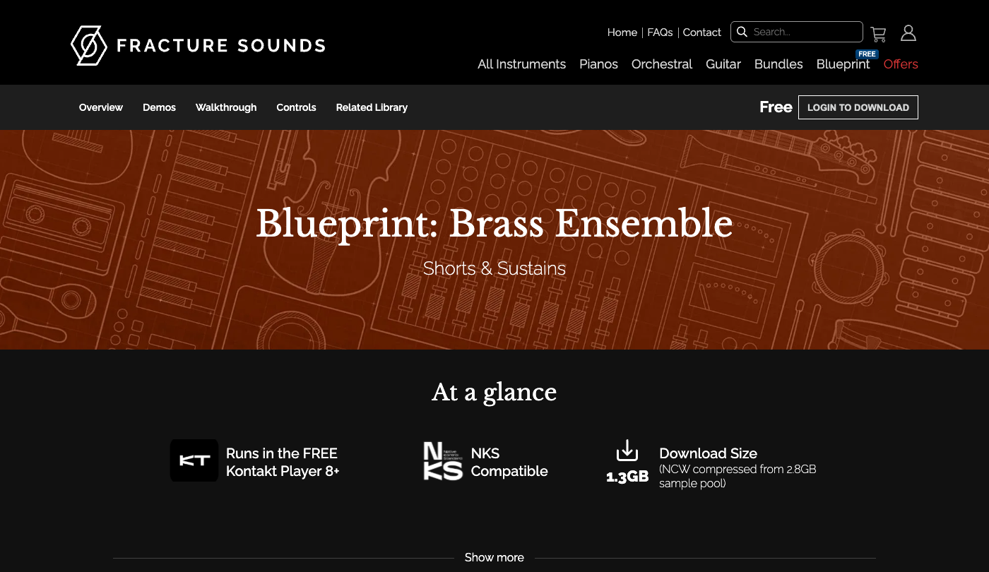 Fracture Sounds公式サイトのBlueprint: Brass Ensembleのページ。At a glance欄に「Runs in the FREE Kontakt Player 8+」と書かれている