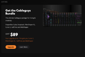 CableguysのアカウントページのCableguys Bundleアップグレード案内。アップグレード価格89ドルで、Curve 2・FilterShaper XL・HalfTime・MidiShaperが増える