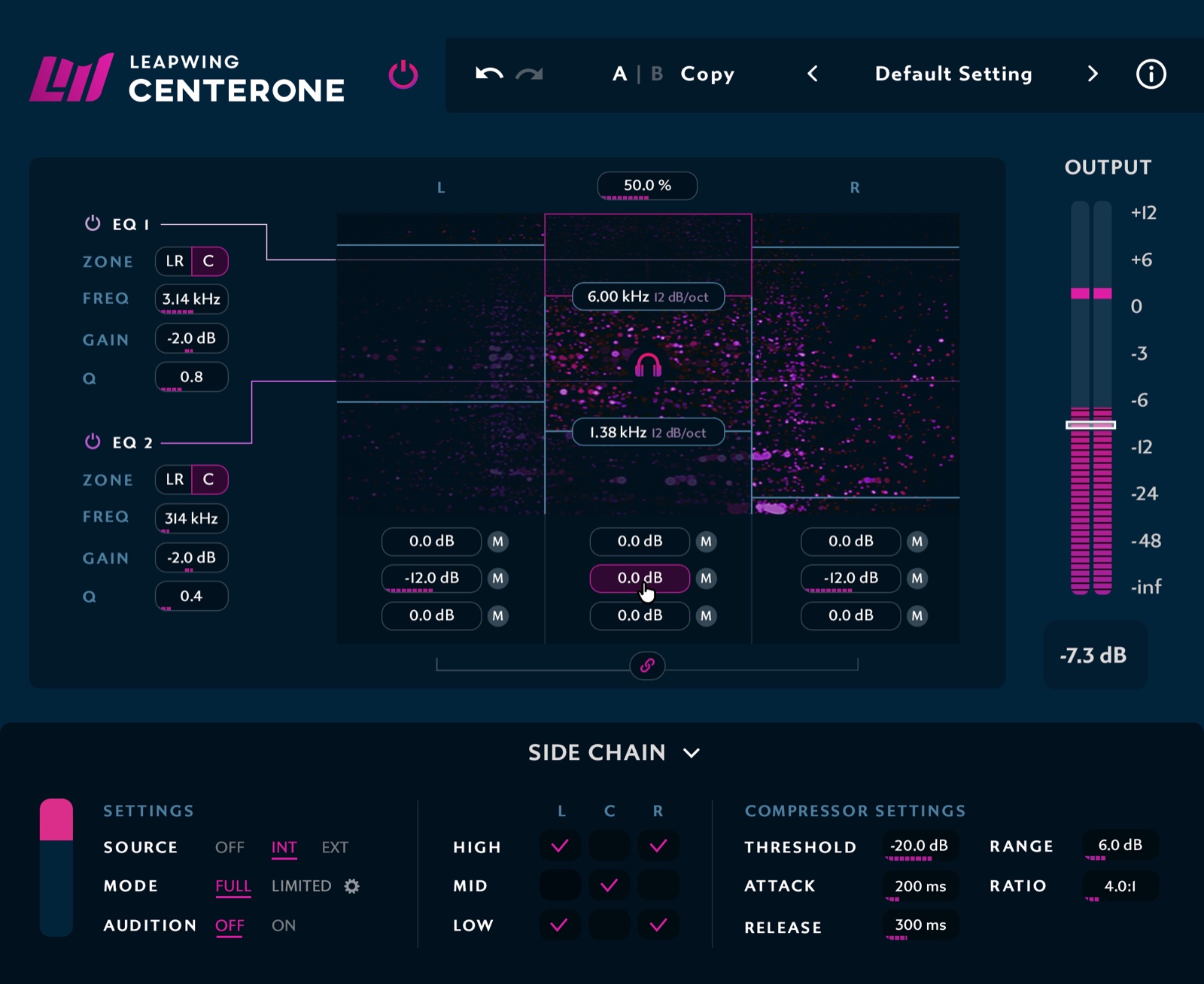 Leapwing CenterOne 3 の画面。上にL・C・Rに分かれたビジュアライザーと帯域ごとの音量、左に2つのEQ、下にサイドチェインの設定が並ぶ