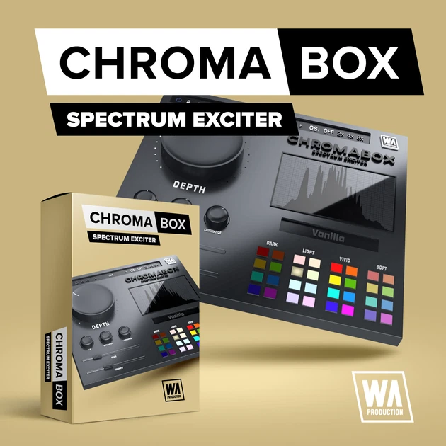 ChromaBoxのパッケージ画像とGUI。周波数スペクトラム表示とカラーパレットが並ぶ