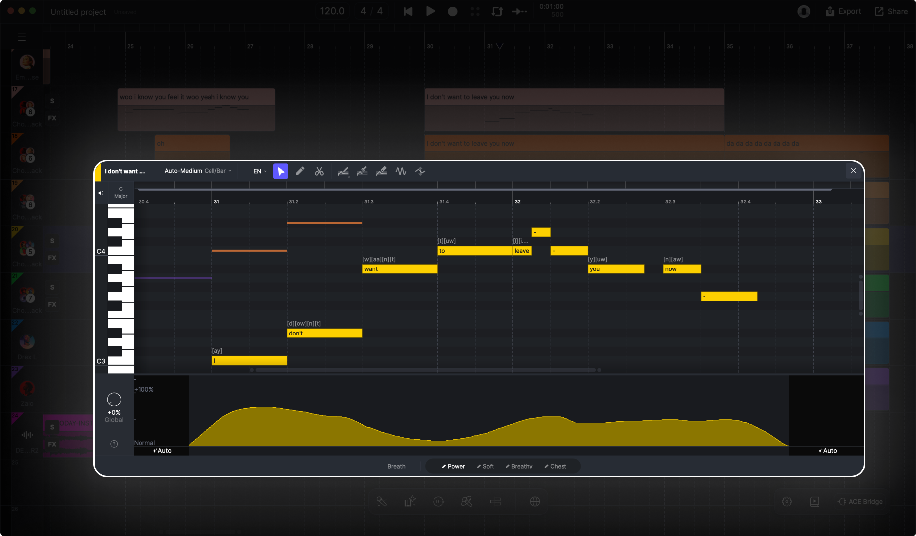 ACE StudioのClip Editor画面。歌詞の音素とピッチ、ブレスなどのボーカルカーブを細かく編集できる