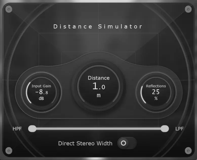 Distance SimulatorのGUI画面。Input Gain・Distance・Reflectionsの3ノブとHPF/LPFスライダー