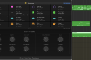 LogicのDrum Machine Designer。Speakeasyキット(Dusty Fingers)のパッドと、LOW CUT・EQ TILT・SATURATION・COMPRESSOR・REVERBなどのKit Controls