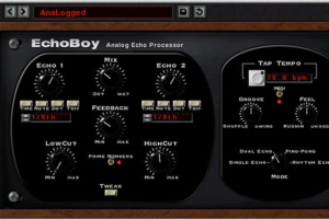 Soundtoys EchoBoyの画面。Echo 1・Echo 2、Feedback、Groove・Feel、Single・Dual・Ping-Pong・Rhythmのモード切替