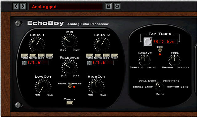 Soundtoys EchoBoyの画面。Echo 1・Echo 2、Feedback、Groove・Feel、Single・Dual・Ping-Pong・Rhythmのモード切替