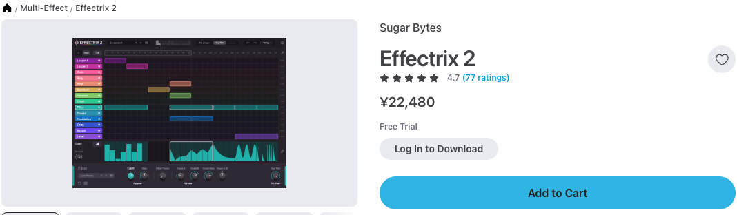 Plugin BoutiqueのEffectrix 2商品ページ。価格は22,480円で、無料体験版のダウンロード案内がある