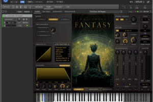 Hollywood Fantasy VoicesのPLAY画面。MOOD・PERFORMANCE・REVERB（St. Mary LR）・MICROPHONESの各セクションと、ファンタジー風のカバーアート