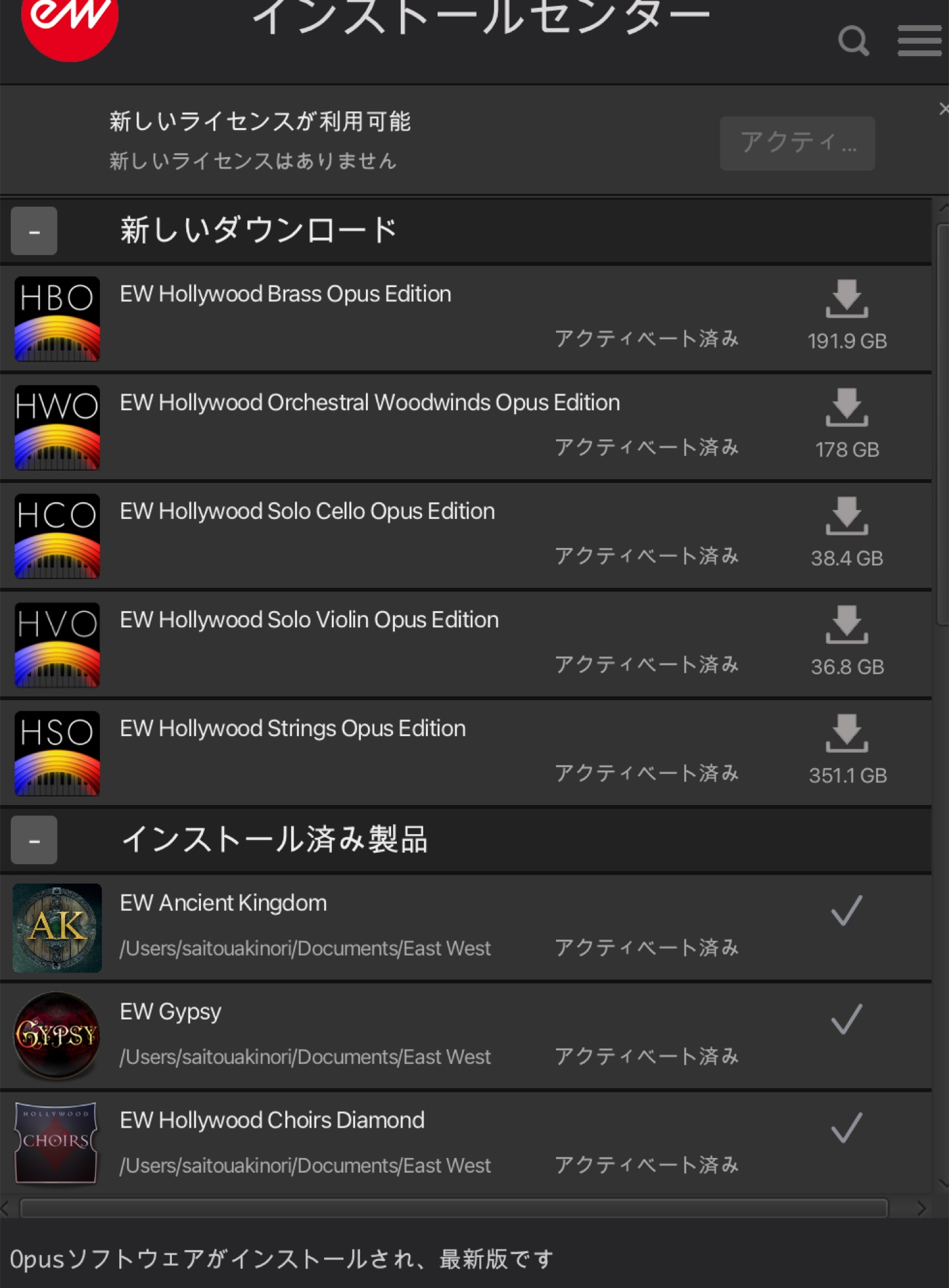 EastWest Installation Center のダウンロード一覧。Hollywood の各 Opus Edition が1本あたり178〜351GBと表示されている