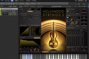 Hollywood Strings 2のPLAY画面。MOOD・PERFORMANCE・REVERB（New Hollywood Hall 2.6）・MICROPHONESの各セクション