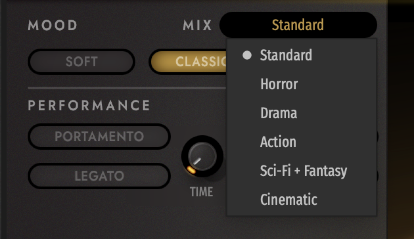 MIXのドロップダウン。Standard・Horror・Drama・Action・Sci-Fi + Fantasy・Cinematicが選べるMovie Mixes機能