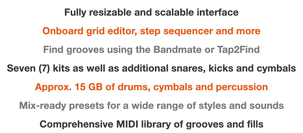 Toontrack公式サイトのEZdrummer 3の特徴一覧。グリッドエディタとステップシーケンサー、BandmateとTap2Find、7つのキット、約15GBのサンプル、MIDIグルーヴのライブラリなどが並ぶ