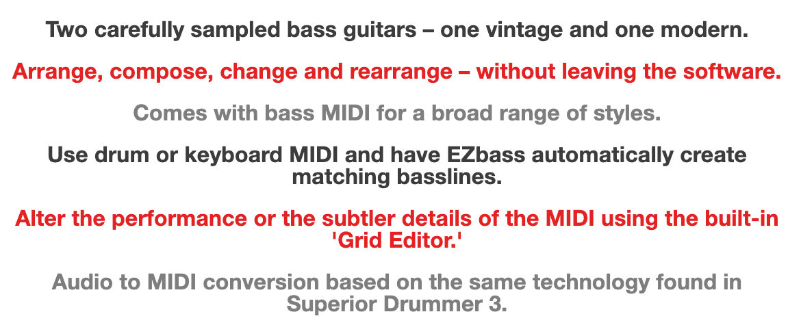 Toontrack公式サイトのEZbassの特徴一覧。ビンテージとモダンの2本のベース、曲の構成の組み替え、ドラムやキーボードのMIDIからベースラインを自動生成、Grid Editor、オーディオからMIDIへの変換などが並ぶ