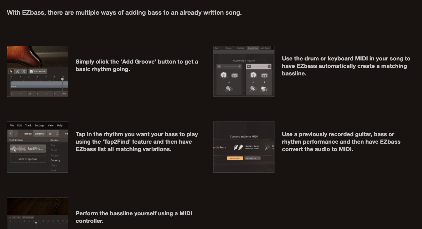 Toontrack公式サイトのEZbass紹介。Add Grooveでパターンを入れる、ドラムやキーボードのMIDIから自動でベースラインを作る、Tap2Findでリズムを叩いて探す、録音したオーディオをMIDIに変換する、MIDIキーボードで弾く、の5つの方法が並ぶ
