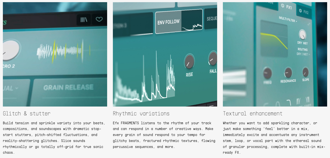 Arturia公式サイトのEfx FRAGMENTSの使い道。Glitch & stutter（グリッチとスタッター）、Rhythmic variations（リズムの変化）、Textural enhancement（質感の強化）の3つが並ぶ