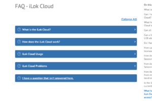 iLok公式ヘルプのiLok Cloud FAQページ。Can all plug-ins use iLok Cloud?などの質問が並ぶ