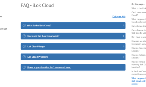 iLok公式ヘルプのiLok Cloud FAQページ。Can all plug-ins use iLok Cloud?などの質問が並ぶ