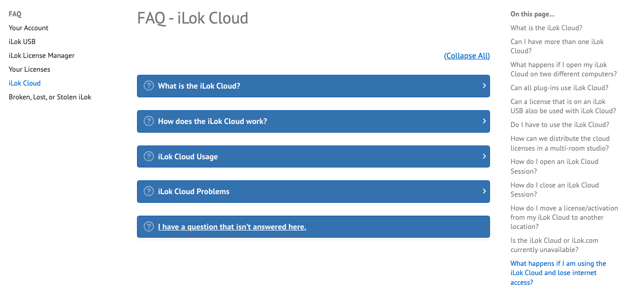 iLok公式ヘルプのiLok Cloud FAQページ。Can all plug-ins use iLok Cloud?などの質問が並ぶ