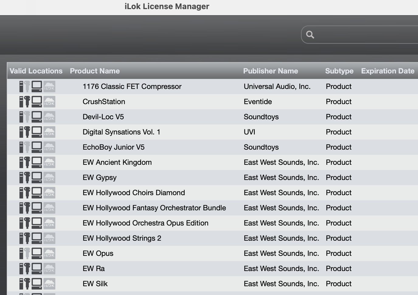 iLok License Managerのライセンス一覧。Valid Locationsのアイコンと、UA・Eventide・Soundtoys・UVI・EastWestの製品名が並ぶ