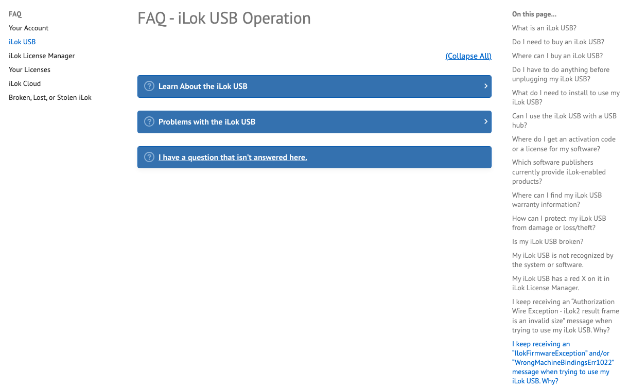 iLok公式ヘルプのiLok USB FAQページ。Do I need to buy an iLok USB?などの質問が並ぶ