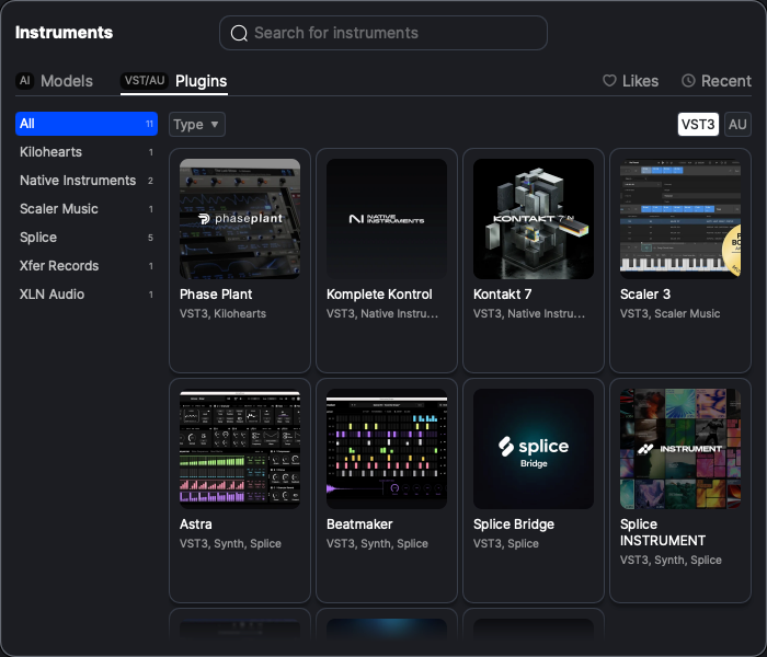 ACE StudioのInstrument LibraryのPluginsタブ。Kontakt 7やScaler 3などVST3/AUプラグインが並ぶ