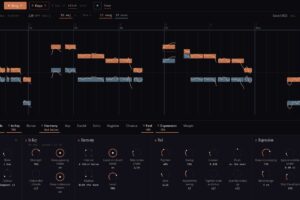Song Cage Melody Rack の画面。歌ったメロディのピッチカーブと、自動生成されたコード名、14個のMIDIエフェクトのラックが表示されている