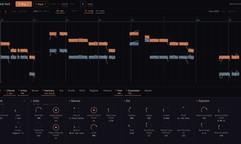 Song Cage Melody Rack の画面。歌ったメロディのピッチカーブと、自動生成されたコード名、14個のMIDIエフェクトのラックが表示されている