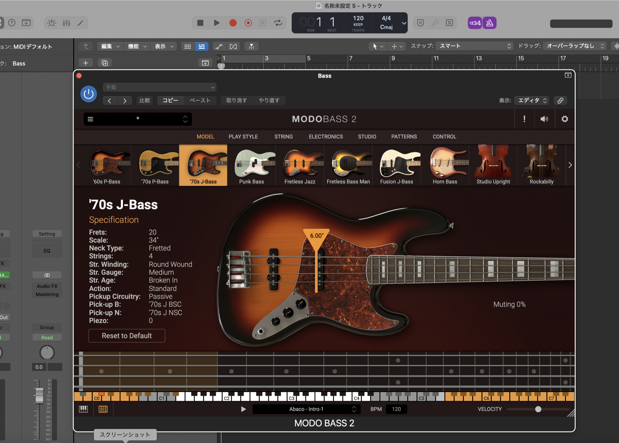 MODO BASS 2 の MODEL タブ。'70s J-Bass を選択し、Specification（フレット数・スケール・ピックアップなど）が表示されている