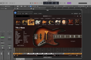 MODO BASS 2 の MODEL タブ。'70s J-Bass を選択し、Specification（フレット数・スケール・ピックアップなど）が表示されている