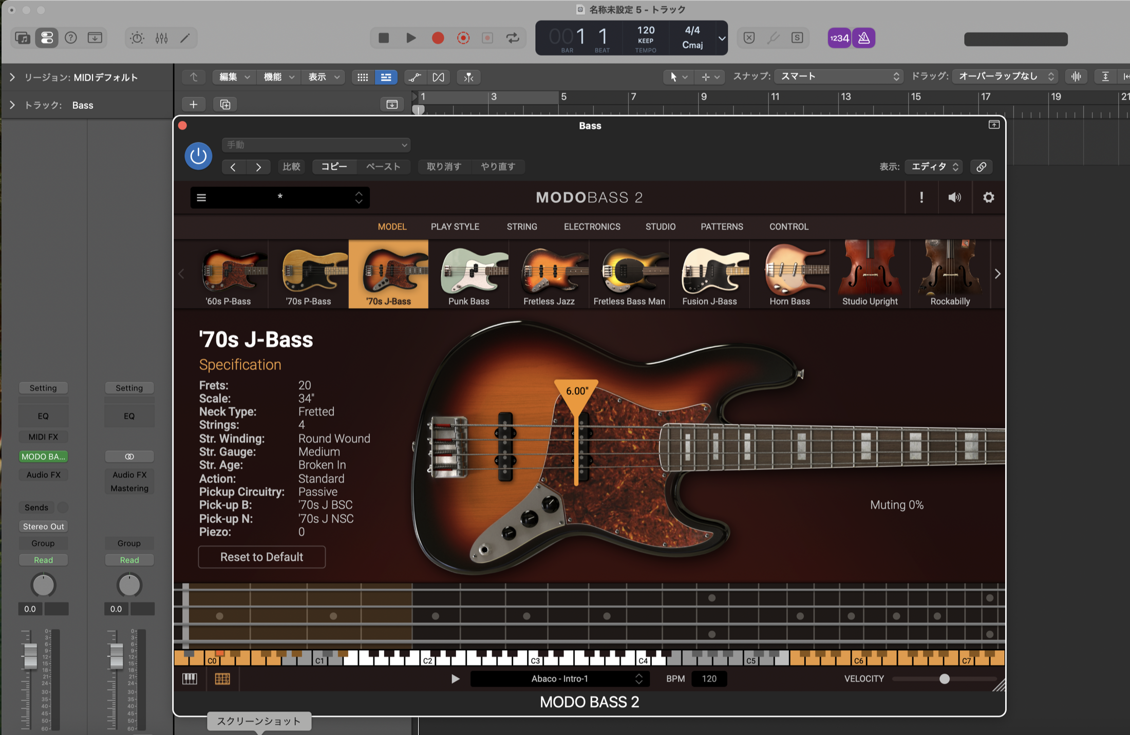 MODO BASS 2 の MODEL タブ。'70s J-Bass を選択し、Specification（フレット数・スケール・ピックアップなど）が表示されている