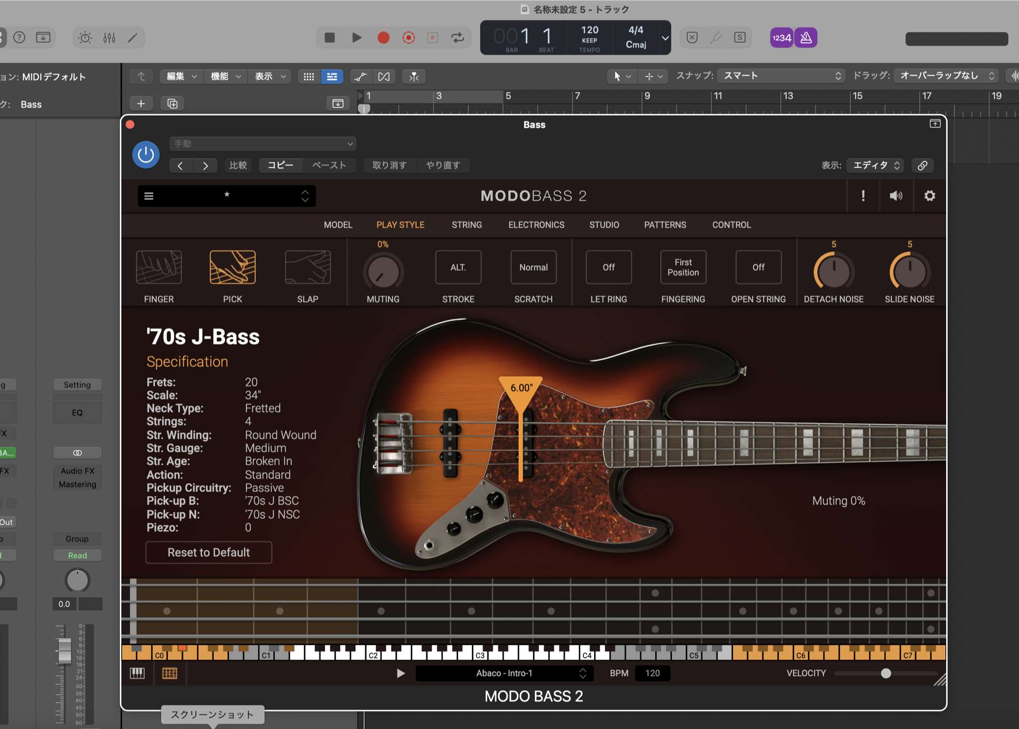 MODO BASS 2 の PLAY STYLE タブ。FINGER・PICK・SLAP の切り替えと、MUTING・STROKE・SCRATCH・DETACH NOISE・SLIDE NOISE の設定