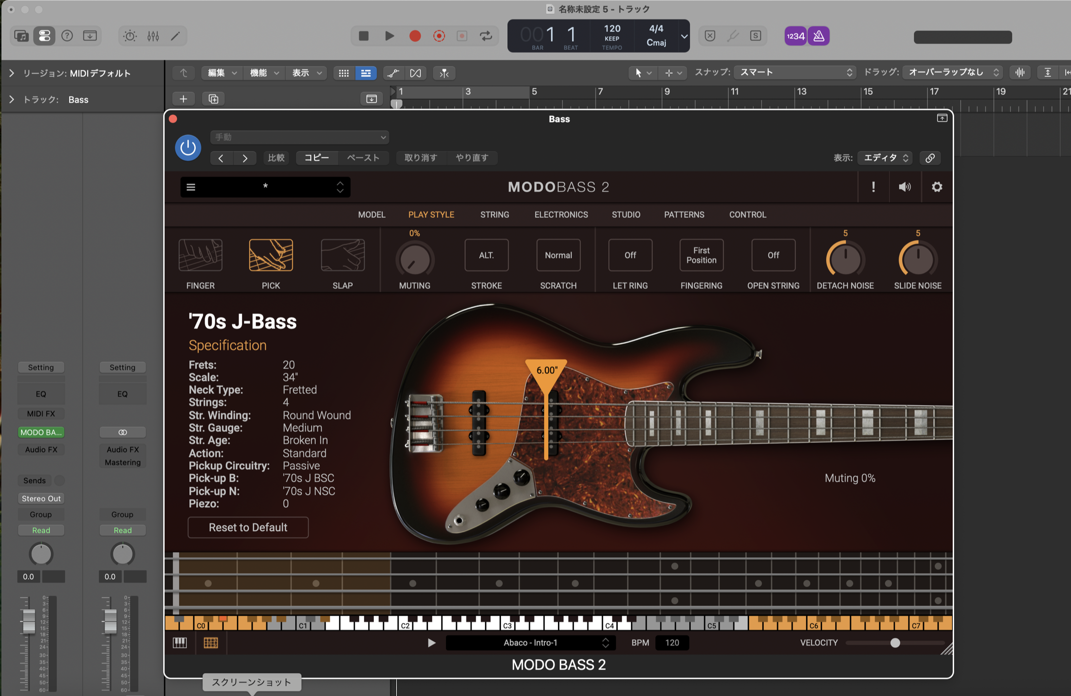 MODO BASS 2 の PLAY STYLE タブ。FINGER・PICK・SLAP の切り替えと、MUTING・STROKE・SCRATCH・DETACH NOISE・SLIDE NOISE の設定