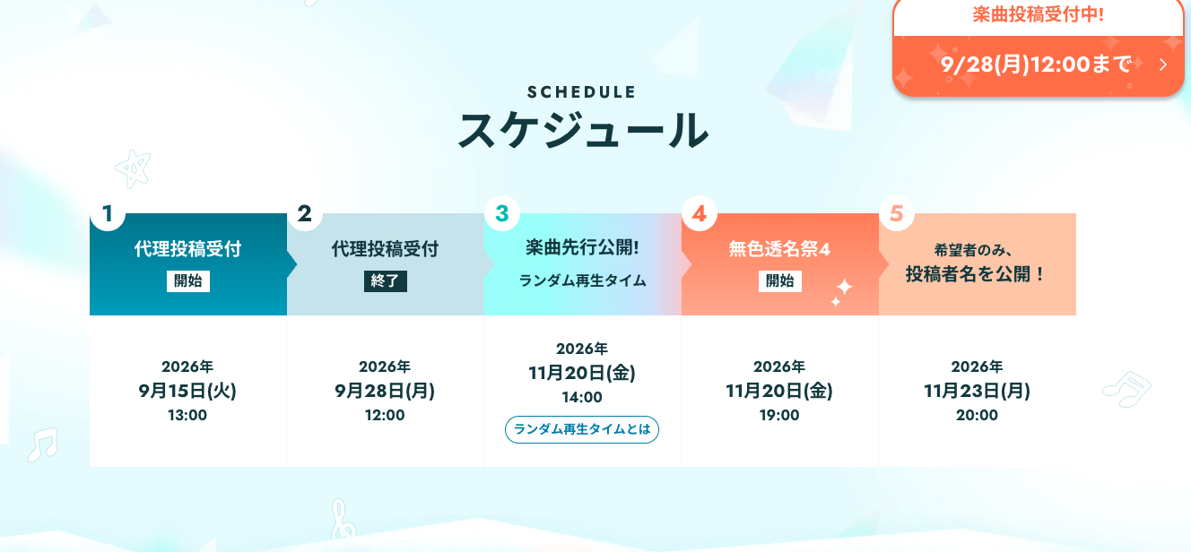 無色透名祭4のスケジュール表。代理投稿受付開始9/15、終了9/28、ランダム再生タイムと本開催11/20、投稿者名公開11/23