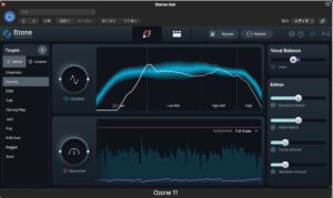 iZotope Ozone AdvancedのMaster Assistant画面。ジャンルを選ぶとEQとMaximizerのカーブが提案され、右側にVocal BalanceとExtras（Dynamics Match・Width Match・Clarity Amount・Stabilizer Amount）のスライダーが並ぶ