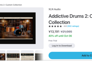 Plugin BoutiqueのAddictive Drums 2: Custom Collection商品ページ。¥13,191（通常¥21,985）・40% off until Oct 06