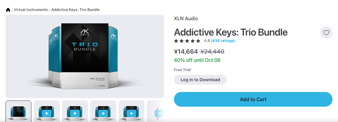 Plugin BoutiqueのAddictive Keys: Trio Bundle商品ページ。¥14,664(通常¥24,440)・40% off until Oct 06
