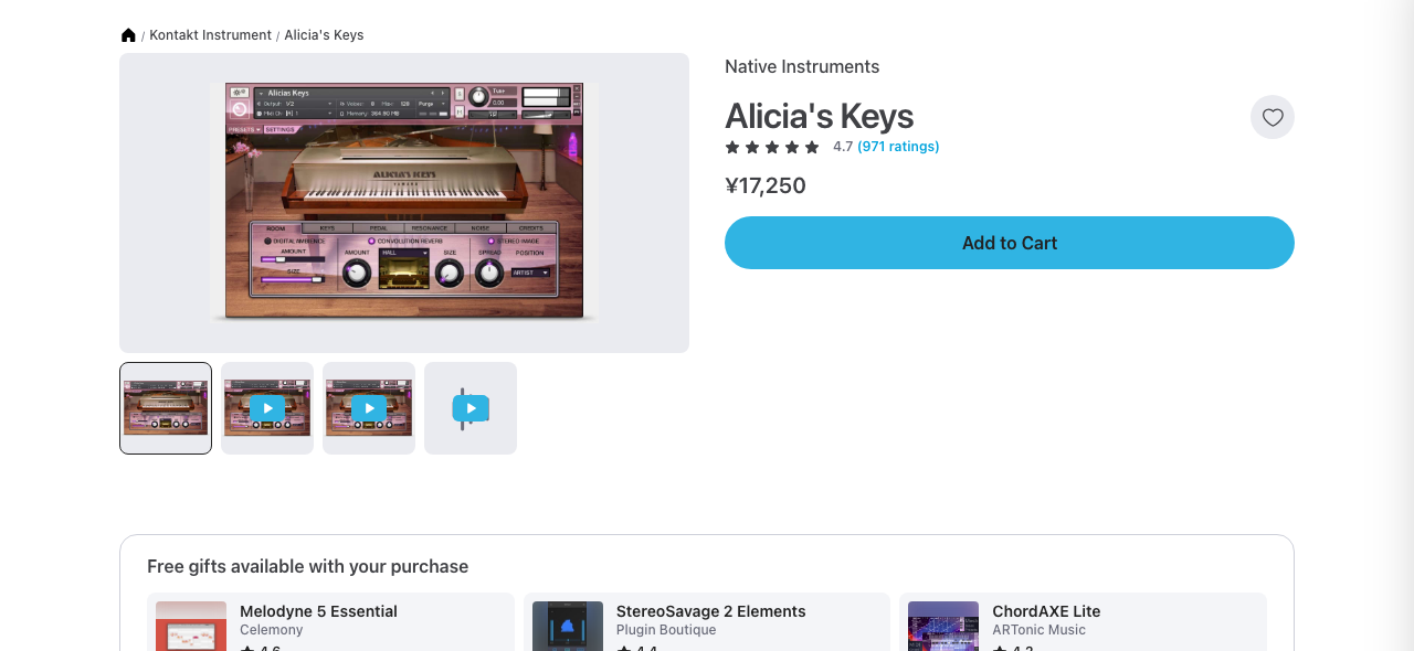 Plugin BoutiqueのNative Instruments Alicia's Keysの商品ページ。価格¥17,250