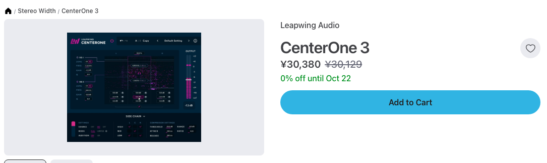 Plugin BoutiqueのCenterOne 3商品ページ。2026年9月28日時点で¥30,380、取り消し線の¥30,129と「0% off until Oct 22」の表示