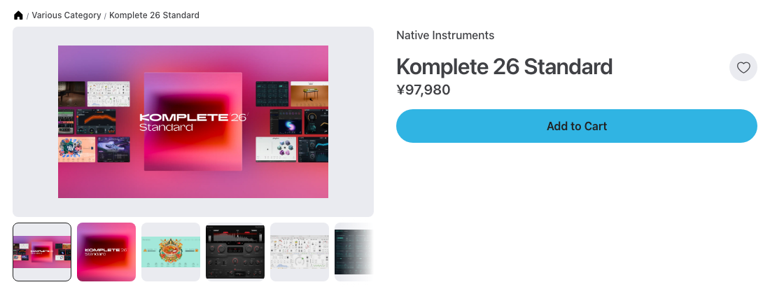 Plugin BoutiqueのKomplete 26 Standard商品ページ。2026年9月28日時点で¥97,980（セールなし）